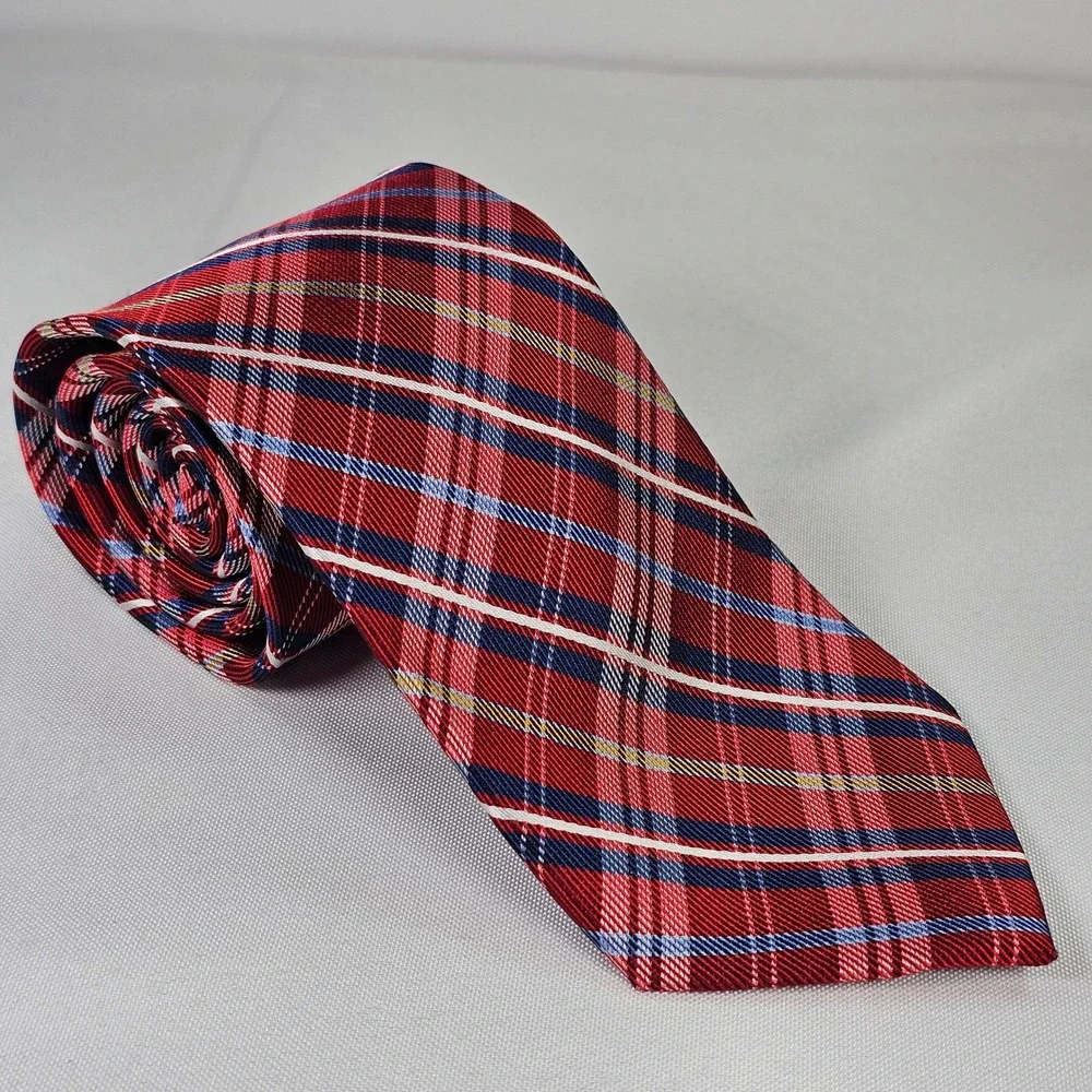 Bruno Piattelli Roma Silk Tie Red Blue White Plaid Hand Made Necktie 3.25 Inch